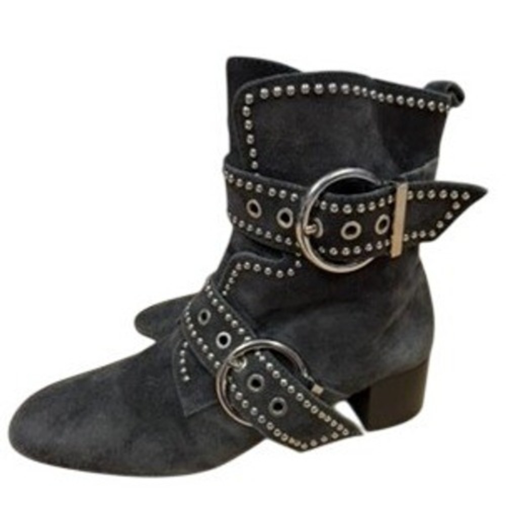 Jeffery Campbell Grey Suede Stud Double Buckle Moto Ankle Boots Block Heel 7.5